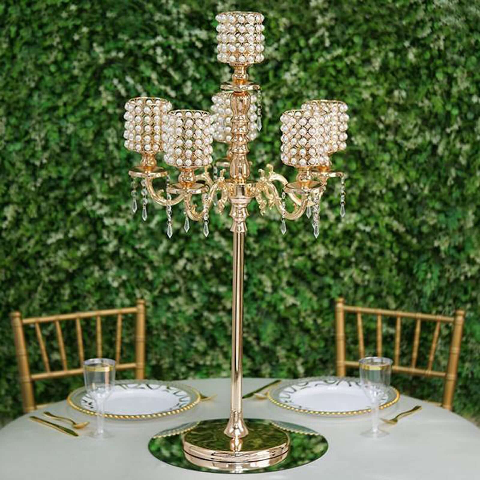 Metal Pearl Beaded Candelabra in Gold 6-Arm with Crystal Chandelier Pendants, Adjustable Table Centerpiece